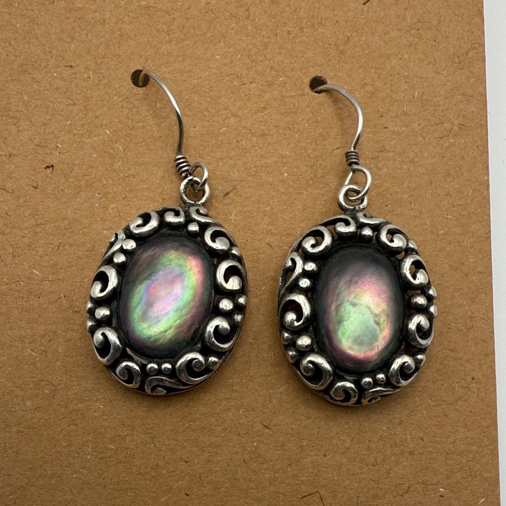 Vintage Thailand Ornate 925 Sterling Silver Iridescent Abalone Hook Earrings